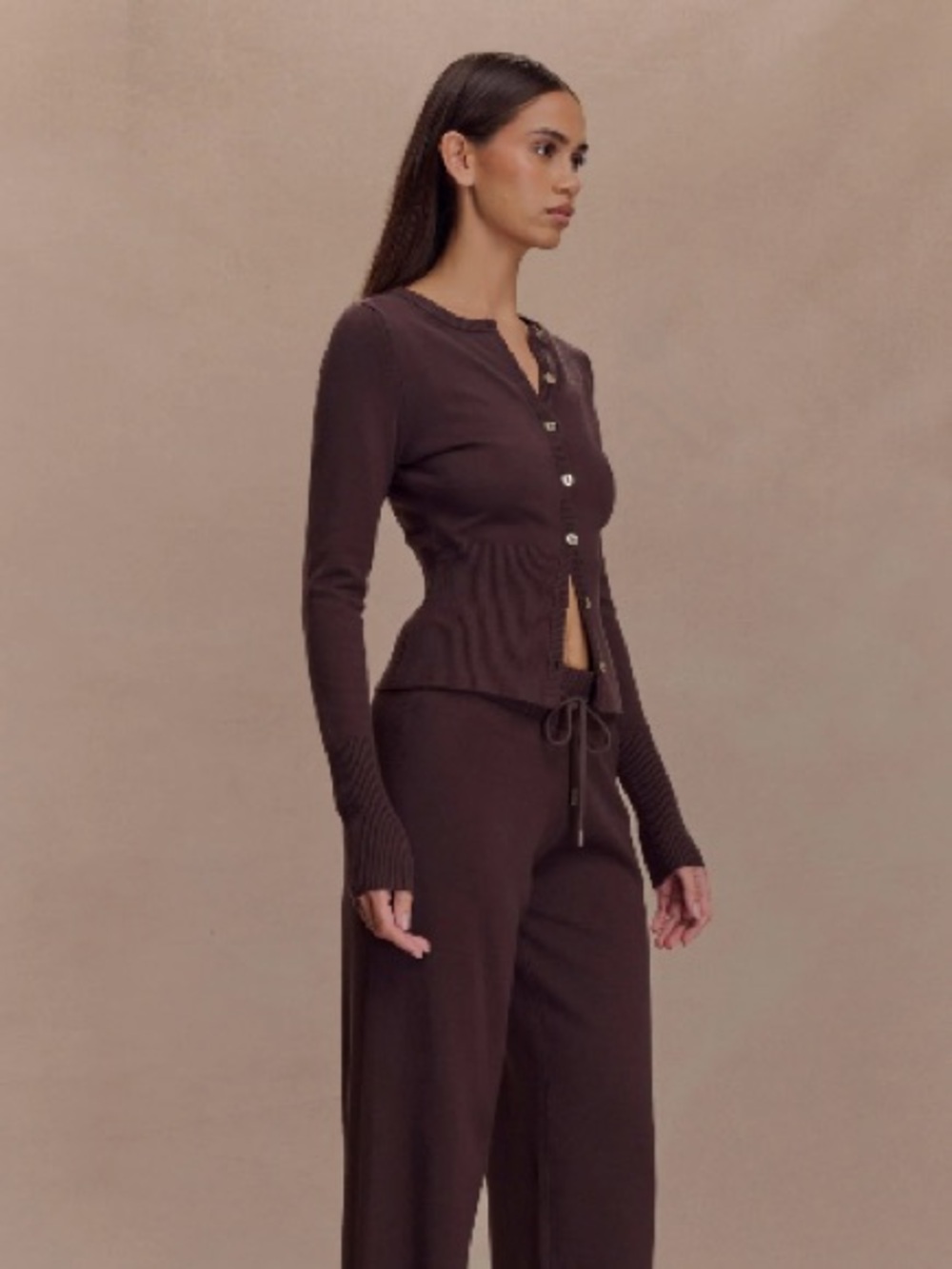 Meshki Reese Fitted Ribbed Knit Cardigan - Dark Chocolate - Picture 4 of 7